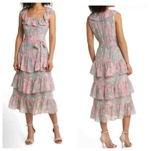 Eliza J Sage Floral Ruffle Tiered Midi Dress with Pink Accents